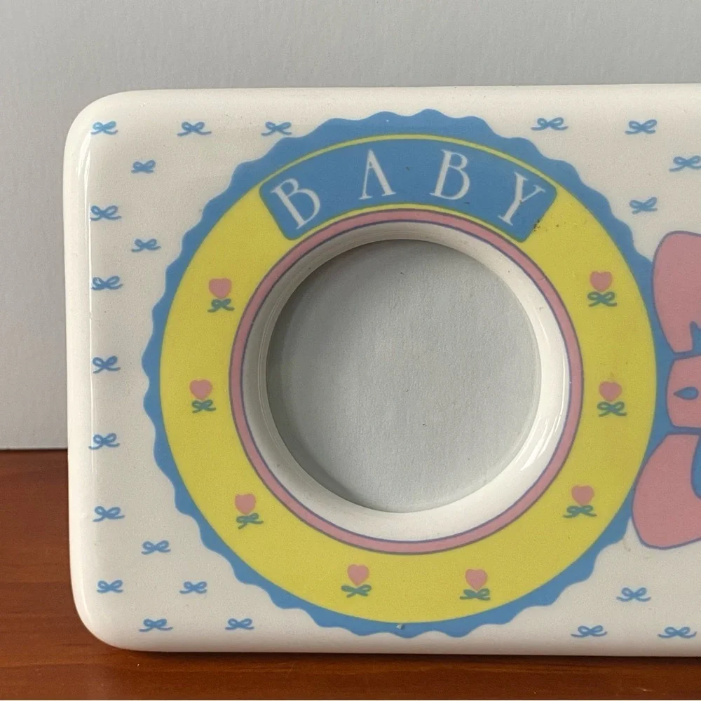 Vintage Baby Frame Ceramic Photo Girl Rattle With Bow Yellow 7” X 4” Photo: 2”